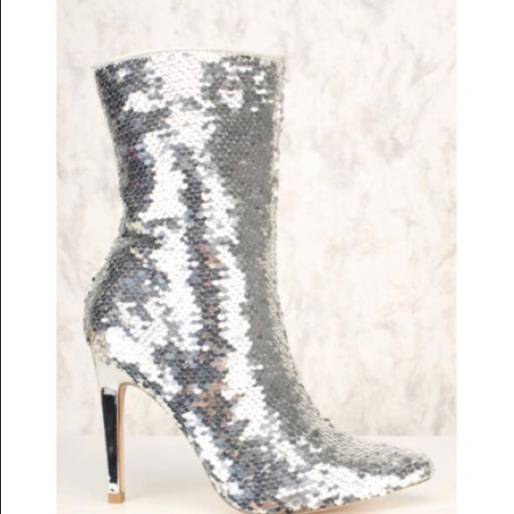 Cape Robbin 4in Silver Sequin Pointy MidCalf Boots